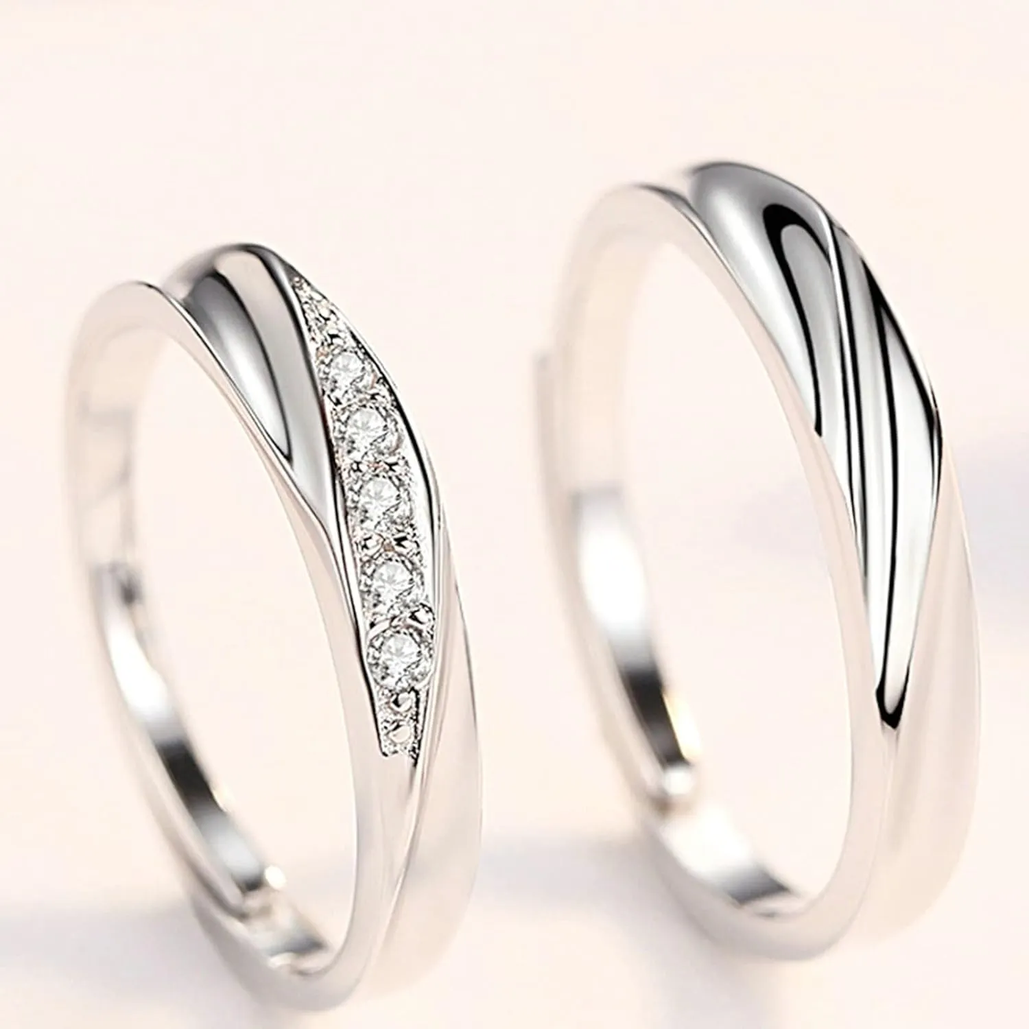 Couple Rings Set Rings, Engagement Rings for Couples Adjustable Personalized 925 Sterling Silver Wave Ring with Cubic Zirconia