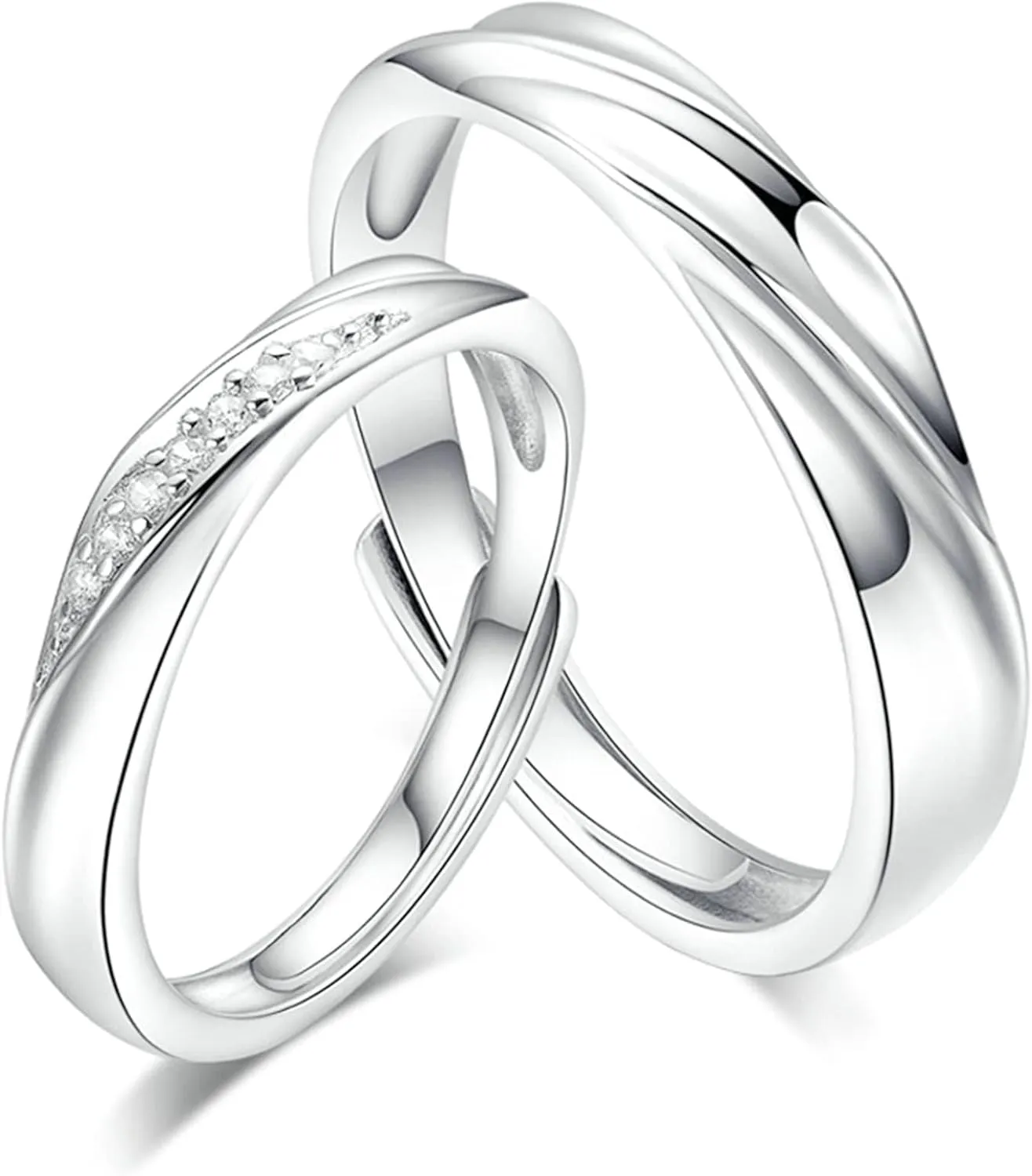 Couple Rings Set Rings, Engagement Rings for Couples Adjustable Personalized 925 Sterling Silver Wave Ring with Cubic Zirconia