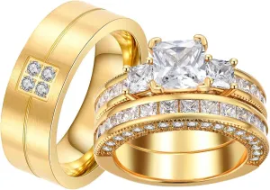 Couple Rings Yellow Gold Plated Princess 8 * 8 Cz Womens Wedding Ring Sets Titanium Steel Men Wedding BandsPlease Buy 2 Rings for 1 Pair
