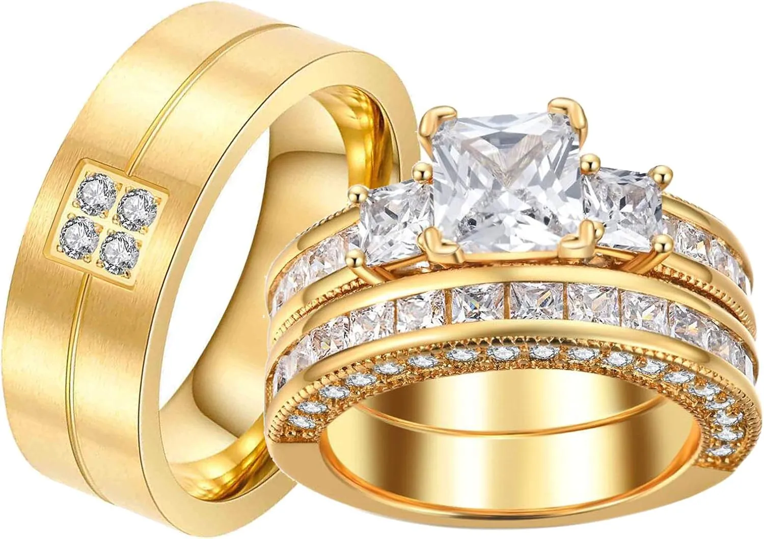 Couple Rings Yellow Gold Plated Princess 8 * 8 Cz Womens Wedding Ring Sets Titanium Steel Men Wedding BandsPlease Buy 2 Rings for 1 Pair