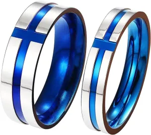 Couples Promise Rings Blue Ring Cross, Stainless Steel Couple Rings