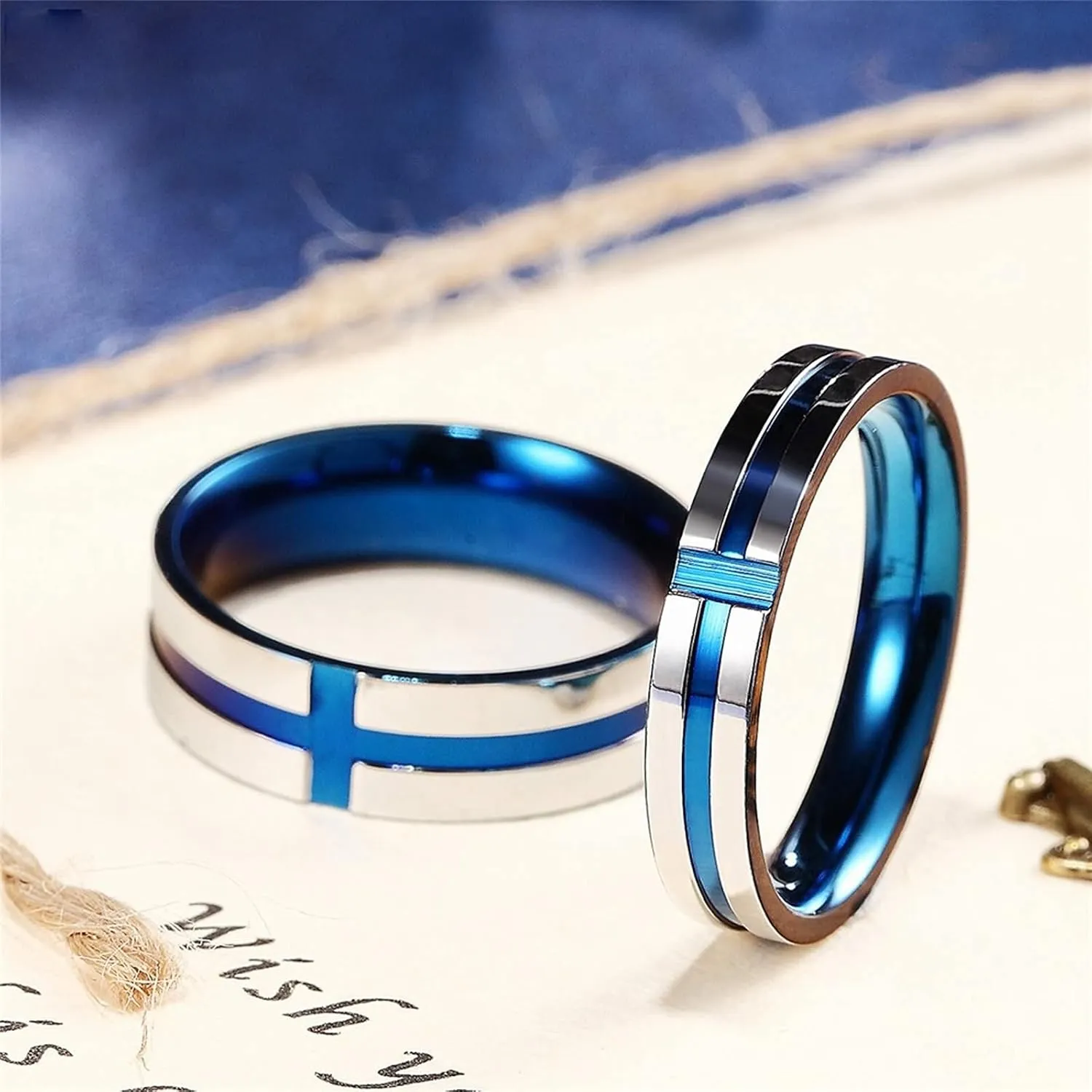 Couples Promise Rings Blue Ring Cross, Stainless Steel Couple Rings