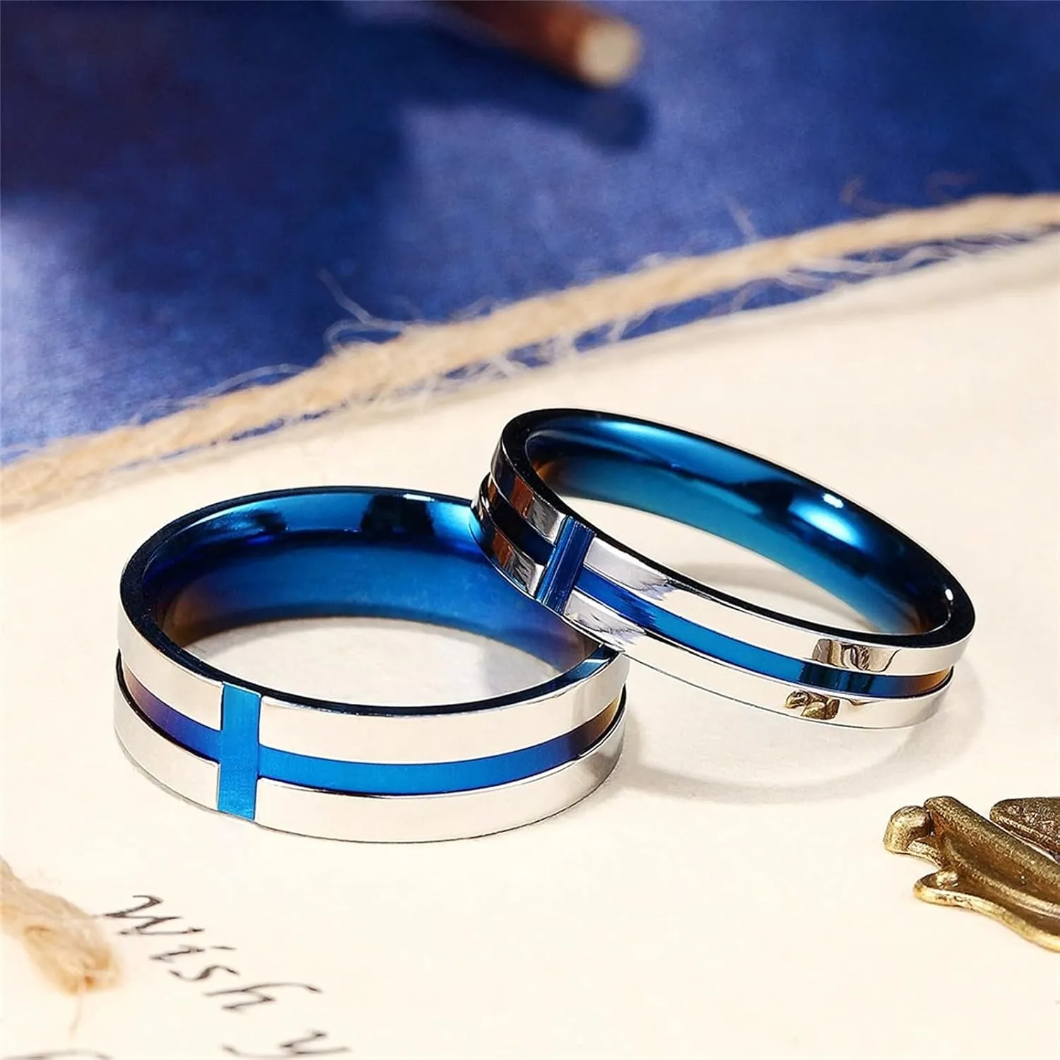 Couples Promise Rings Blue Ring Cross, Stainless Steel Couple Rings