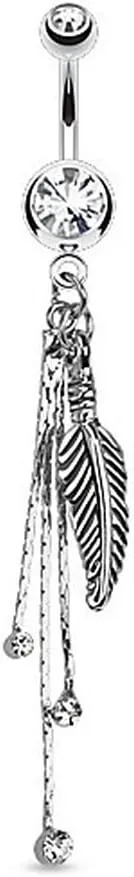 Covet Jewelry Feather and Chains with CZs Dangle Navel Ring 316L Surgical Steel
