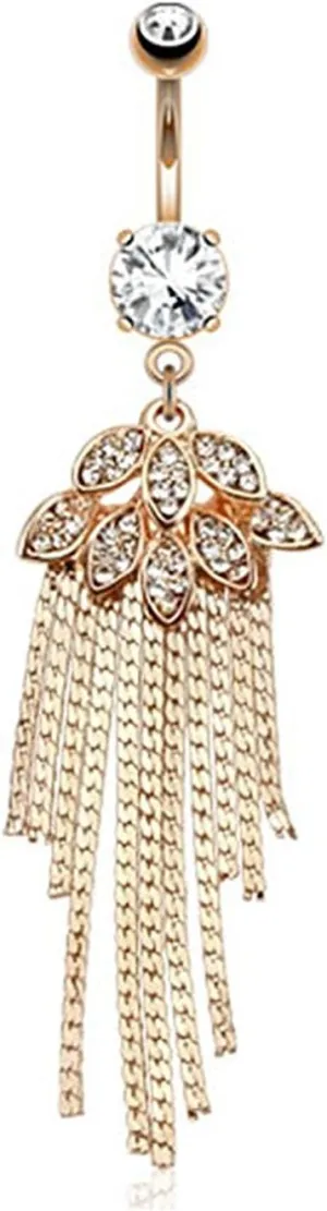 Covet Jewelry Leaves and Chains CZ Paved Dangle Rose Gold Plated Belly Rings
