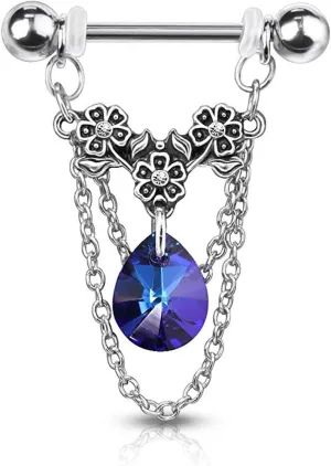 Covet Jewelry Triple Crystal Center Flower with Pear Crystal and Chains Dangle 316L Surgical Steel Nipple Barbell Rings