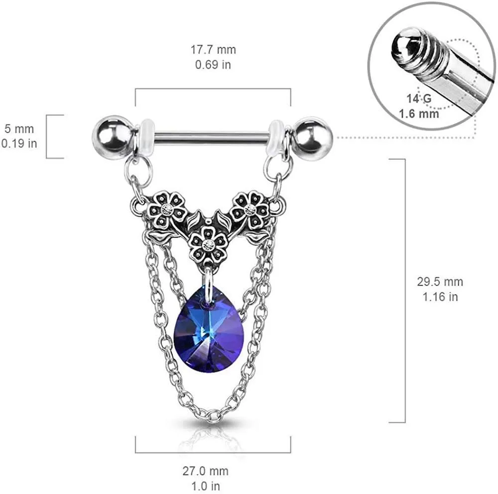 Covet Jewelry Triple Crystal Center Flower with Pear Crystal and Chains Dangle 316L Surgical Steel Nipple Barbell Rings