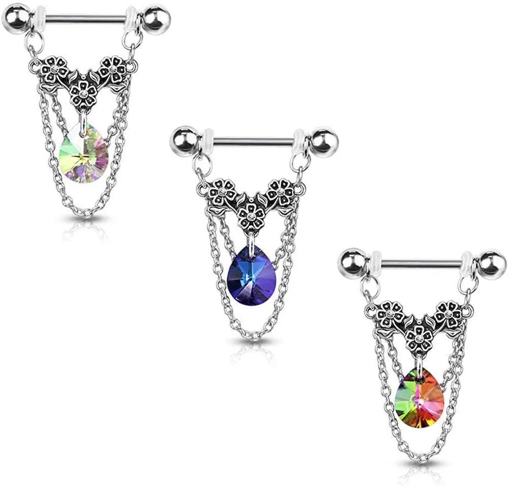Covet Jewelry Triple Crystal Center Flower with Pear Crystal and Chains Dangle 316L Surgical Steel Nipple Barbell Rings