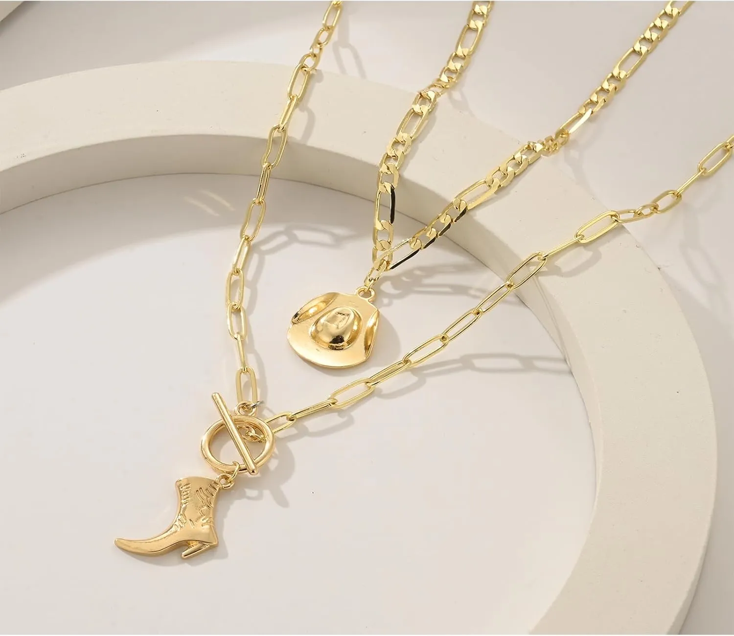 Cowboy Hat Boot Pendant Necklace for Women Layer Dainty Western Cowgirl Hat Boots Chain Gold Charm Necklace Shell Necklaces Summer Seashell Beach Surfer Jewelry Gift