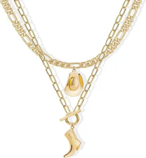 Cowboy Hat Boot Pendant Necklace for Women Layer Dainty Western Cowgirl Hat Boots Chain Gold Charm Necklace Shell Necklaces Summer Seashell Beach Surfer Jewelry Gift