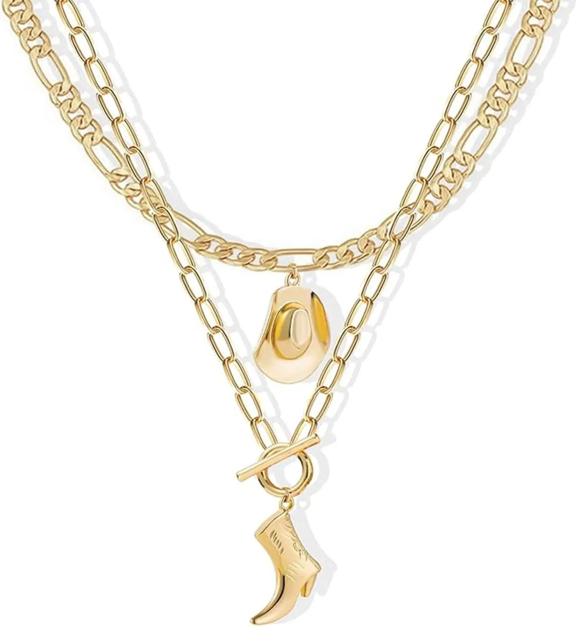 Cowboy Hat Boot Pendant Necklace for Women Layer Dainty Western Cowgirl Hat Boots Chain Gold Charm Necklace Shell Necklaces Summer Seashell Beach Surfer Jewelry Gift