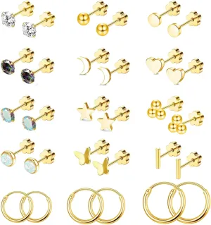 Cristina 15 Pairs Surgical Steel Earrings for Women Men Hypoallergenic Flat Back Earring Small Tiny Opal Ball Star CZ 20G Stud Hoop Earring Sets Flower Screw Back Cartilage Earring