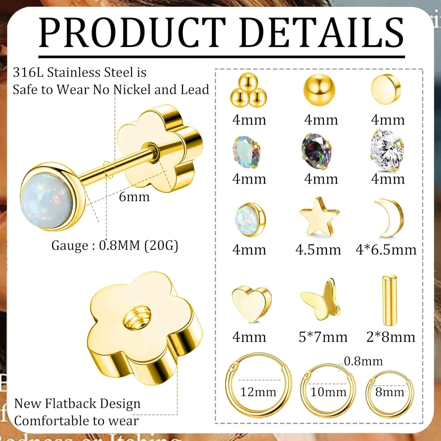 Cristina 15 Pairs Surgical Steel Earrings for Women Men Hypoallergenic Flat Back Earring Small Tiny Opal Ball Star CZ 20G Stud Hoop Earring Sets Flower Screw Back Cartilage Earring