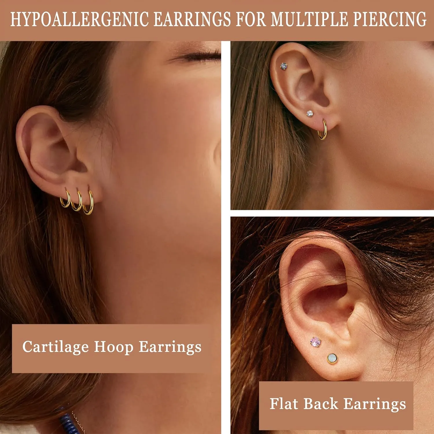 Cristina 15 Pairs Surgical Steel Earrings for Women Men Hypoallergenic Flat Back Earring Small Tiny Opal Ball Star CZ 20G Stud Hoop Earring Sets Flower Screw Back Cartilage Earring