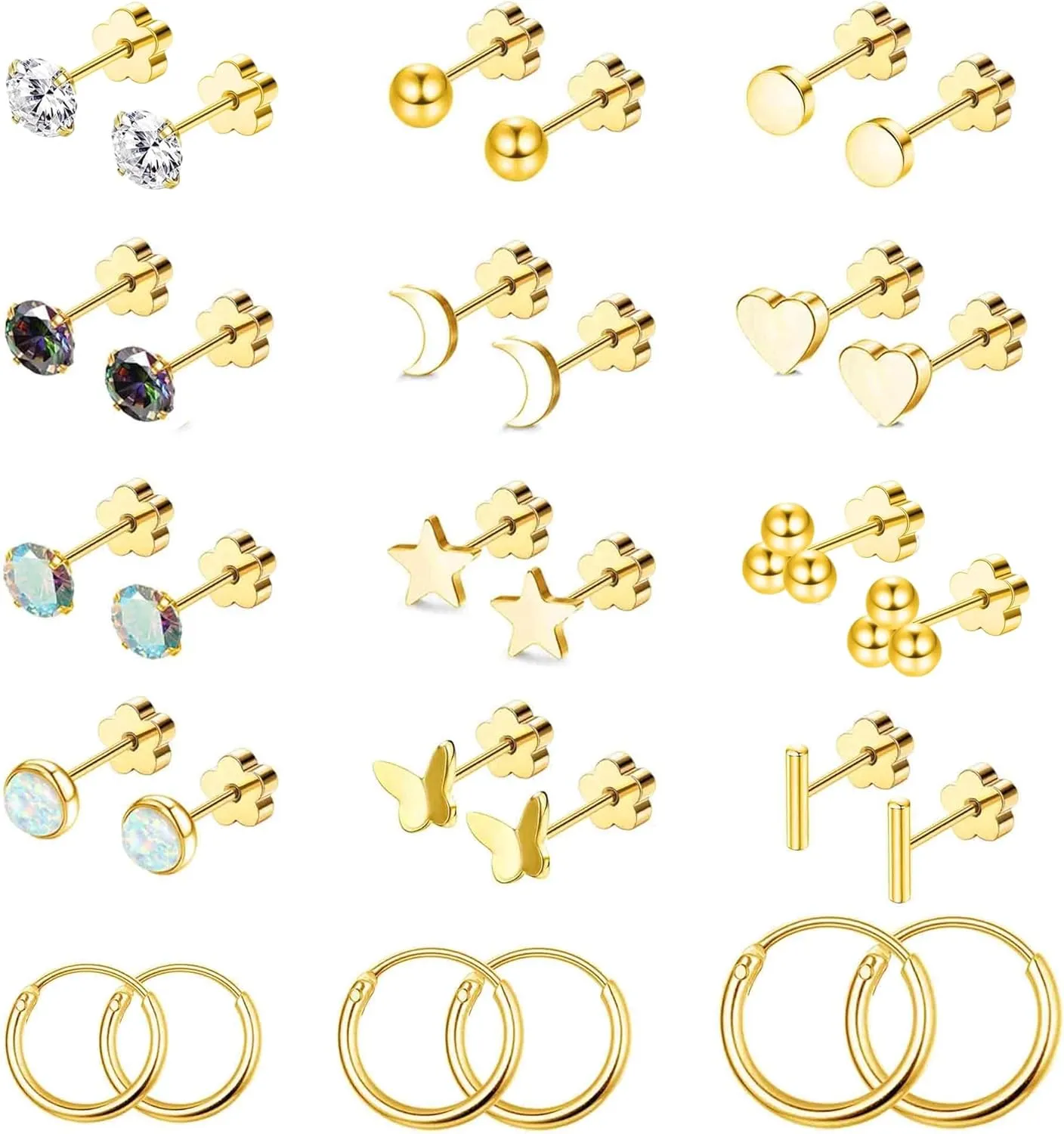 Cristina 15 Pairs Surgical Steel Earrings for Women Men Hypoallergenic Flat Back Earring Small Tiny Opal Ball Star CZ 20G Stud Hoop Earring Sets Flower Screw Back Cartilage Earring
