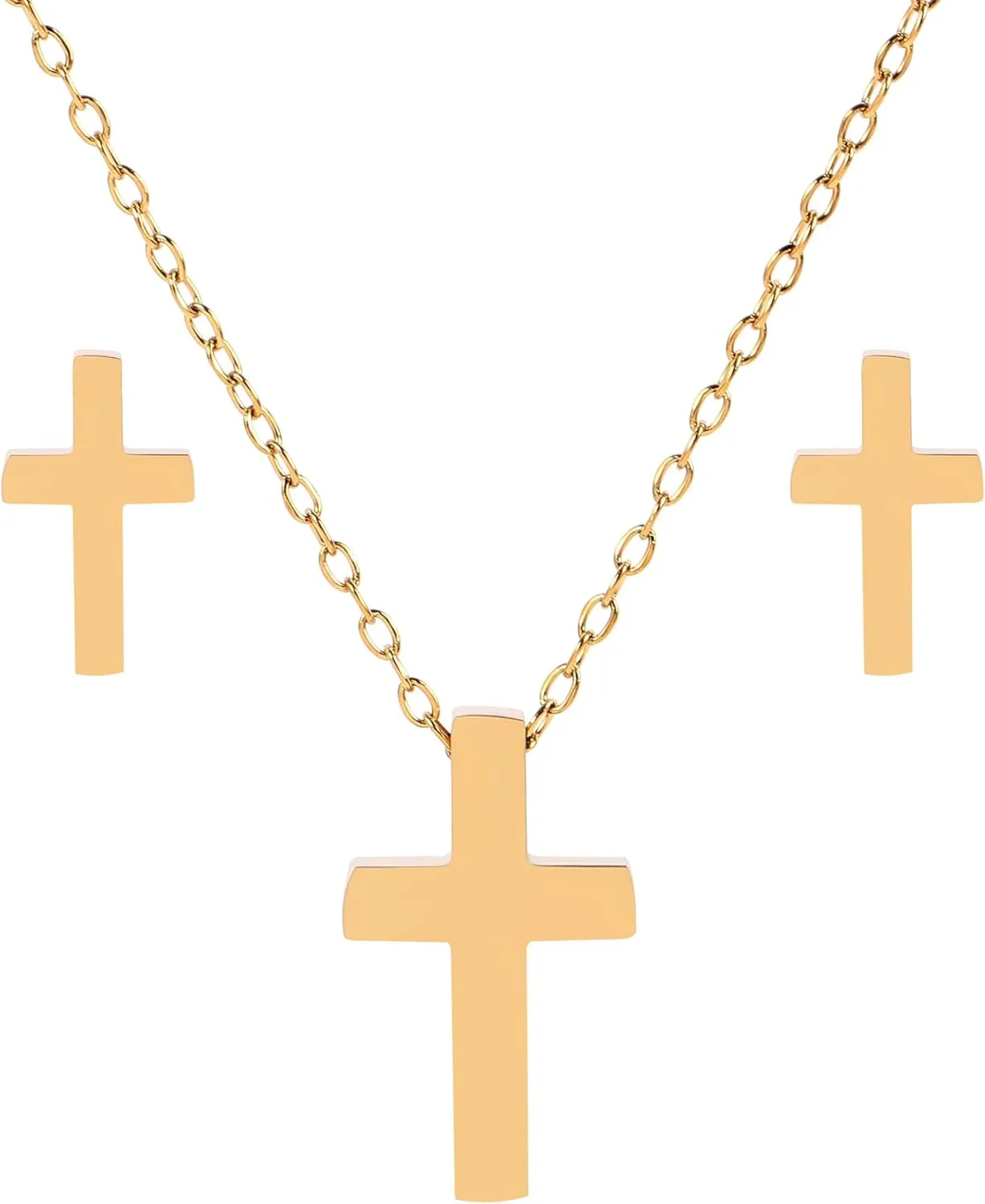 Cross Jewelry Set for Women, 18K Gold Plated Stainless Steel Necklace and Earrings, 19 2 Inch Chain, Gift Box