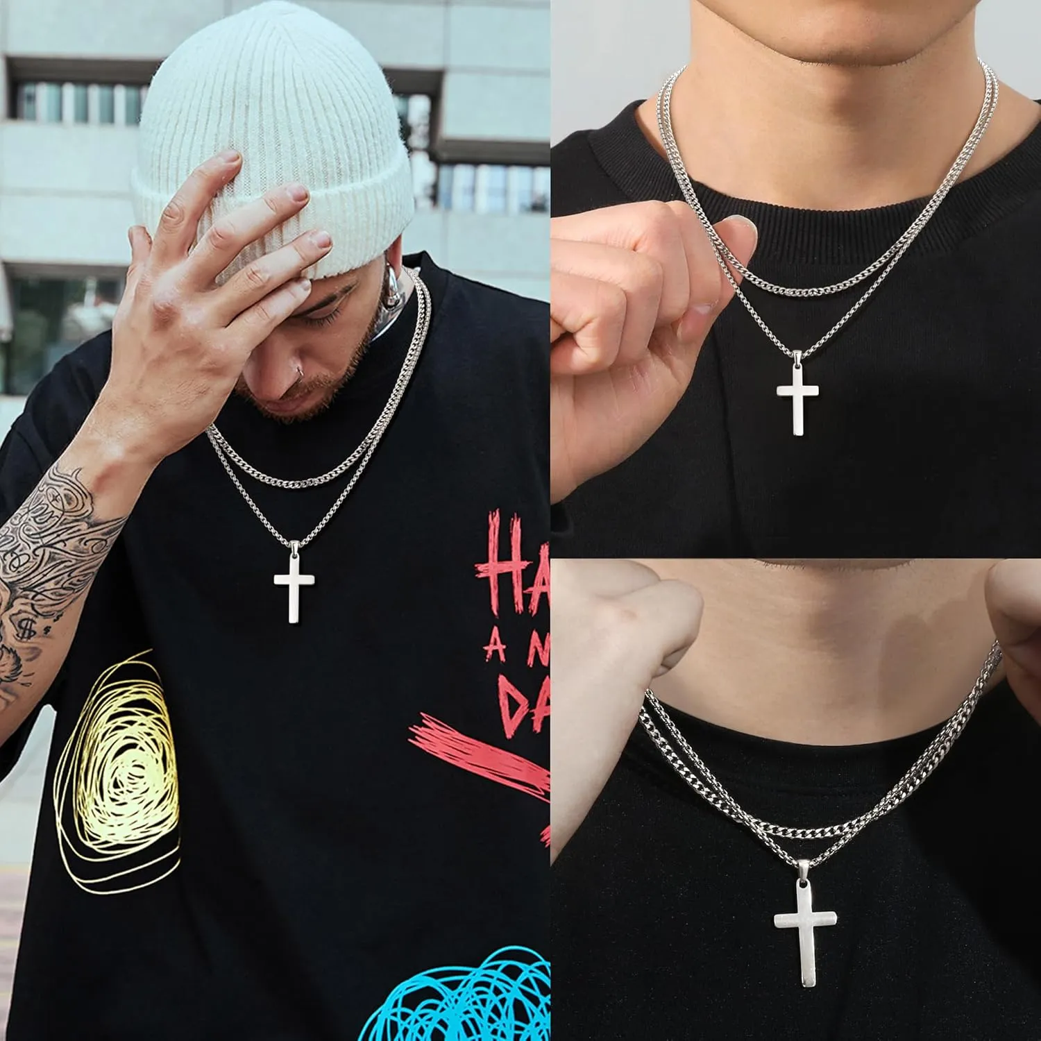 Cross Necklace for Men - 14K Gold Silver Black Plated Stainless Steel Layered Cross Chain Crucifix Necklace Cuban Link Herringbone Chain Box Chain Cross Pendant Fashion Jewelry Gifts 16 18 20 22 24 Inches
