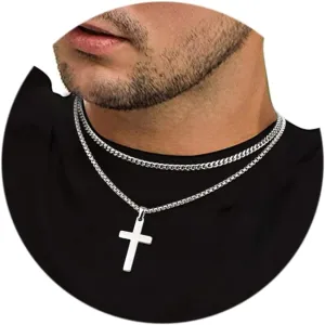 Cross Necklace for Men - 14K Gold Silver Black Plated Stainless Steel Layered Cross Chain Crucifix Necklace Cuban Link Herringbone Chain Box Chain Cross Pendant Fashion Jewelry Gifts 16 18 20 22 24 Inches