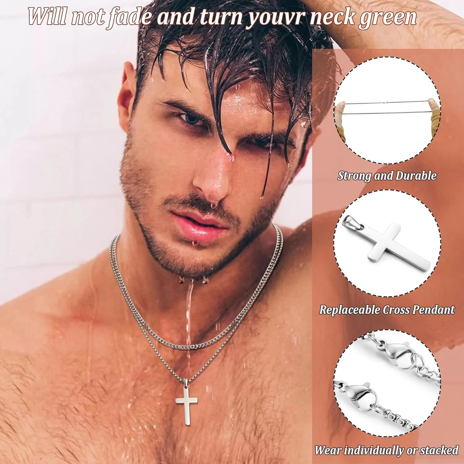 Cross Necklace for Men - 14K Gold Silver Black Plated Stainless Steel Layered Cross Chain Crucifix Necklace Cuban Link Herringbone Chain Box Chain Cross Pendant Fashion Jewelry Gifts 16 18 20 22 24 Inches