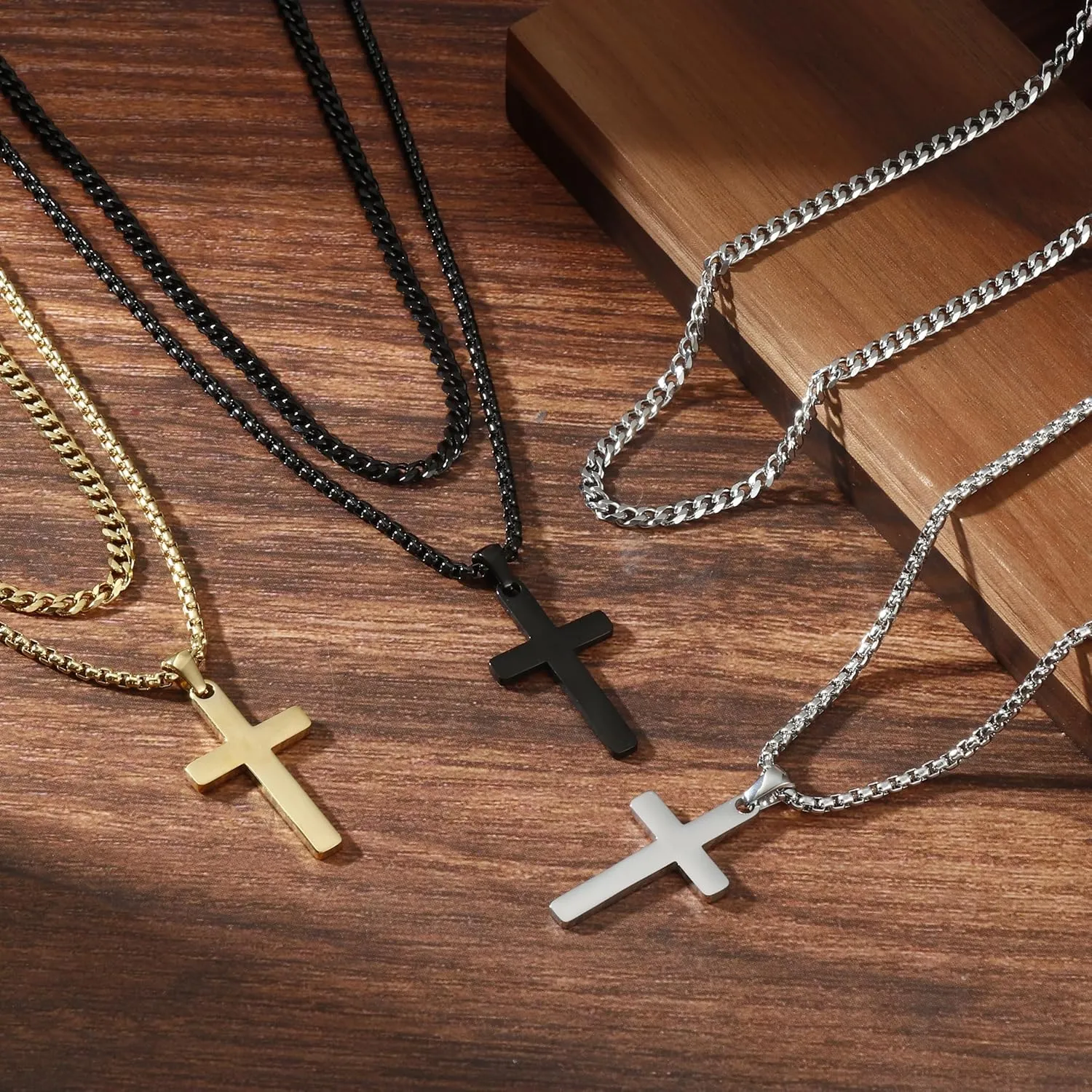 Cross Necklace for Men - 14K Gold Silver Black Plated Stainless Steel Layered Cross Chain Crucifix Necklace Cuban Link Herringbone Chain Box Chain Cross Pendant Fashion Jewelry Gifts 16 18 20 22 24 Inches