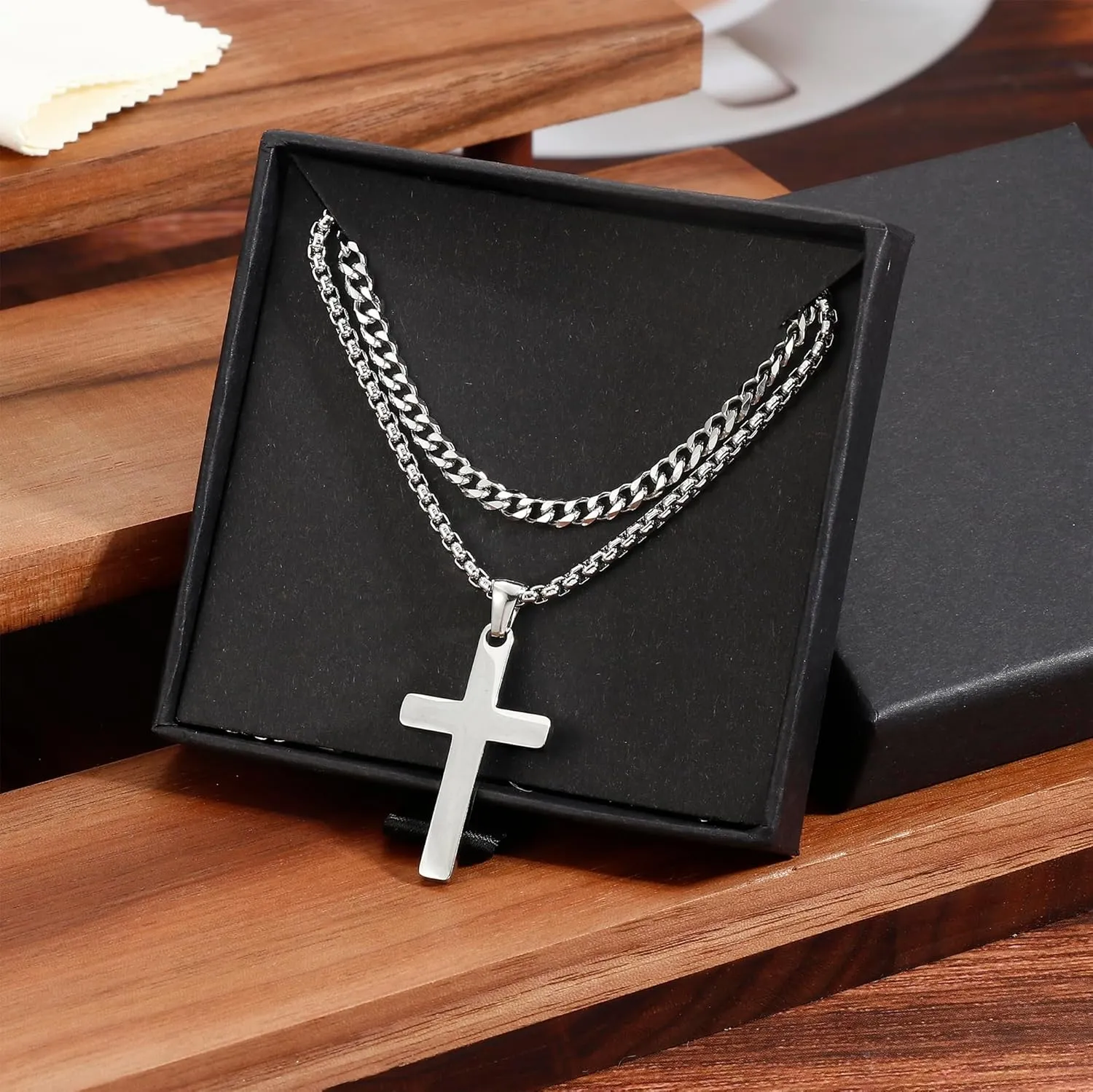 Cross Necklace for Men - 14K Gold Silver Black Plated Stainless Steel Layered Cross Chain Crucifix Necklace Cuban Link Herringbone Chain Box Chain Cross Pendant Fashion Jewelry Gifts 16 18 20 22 24 Inches