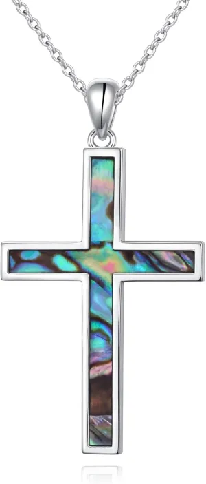 Cross Necklace for Women 925 Sterling Silver Abalone Shell Cross Pendant Necklaces Religious Jewelry for Women Men