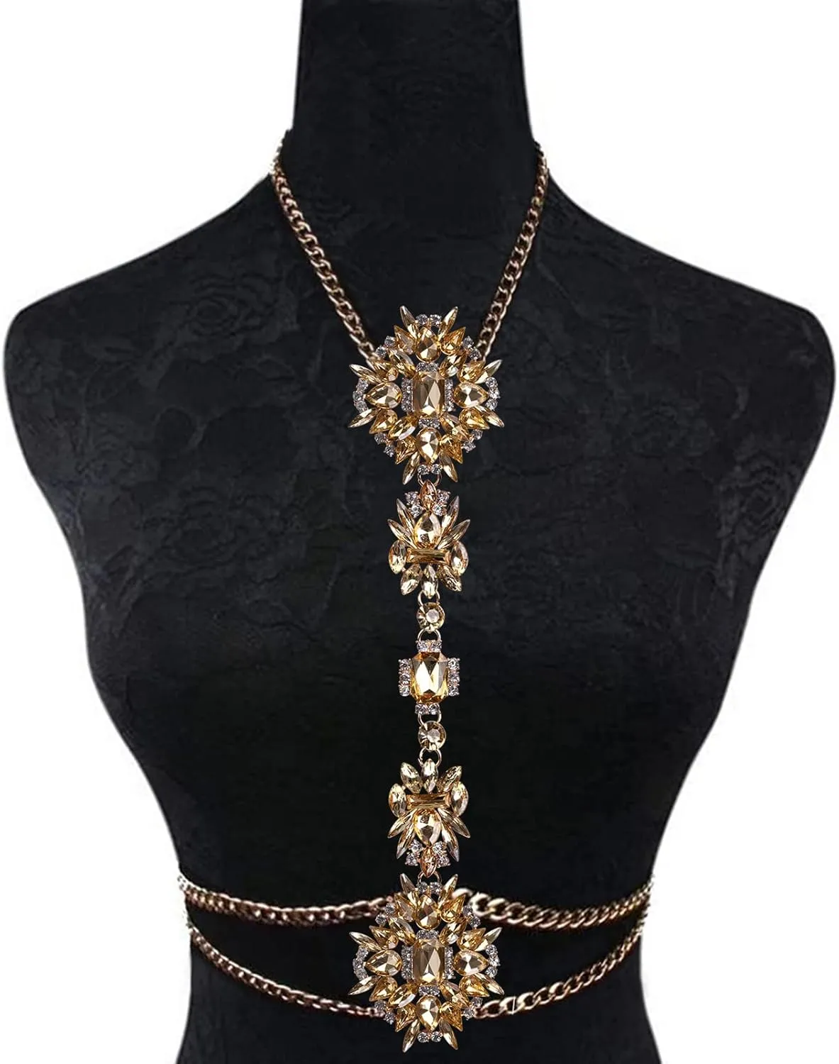 CROWN GUIDE Body Chain Belt and Necklace for Women Girls Sexy Crystal Layered Waist Chain Rhinestone Belly Body Jewelry for Women Rave Accessories