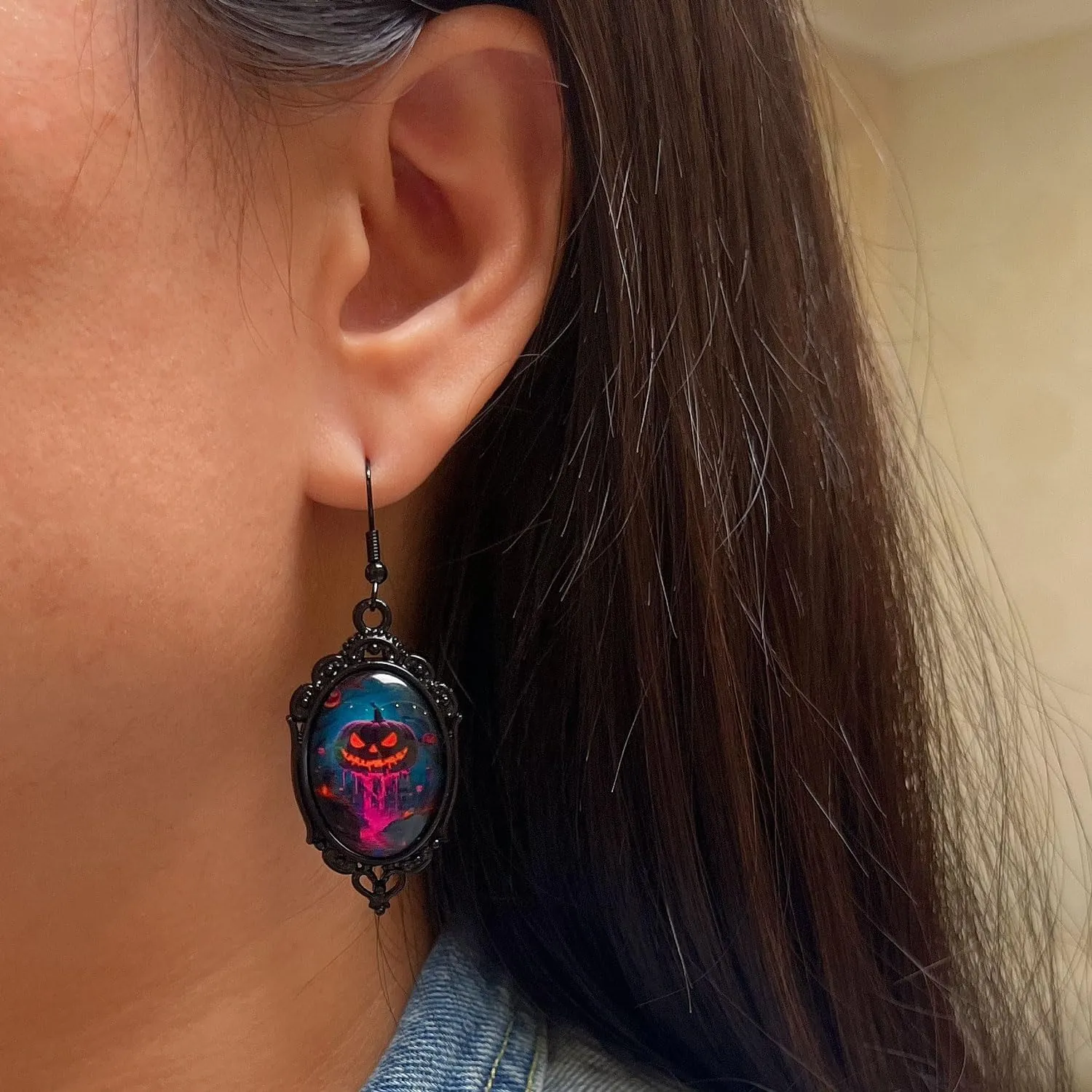 Crystal Glass Ghost Pumpkin Earring Gothic Pumpkin Cameo Earrings Black Vintage Oval Drop Earrings Funny Festival Jewelry Accessories