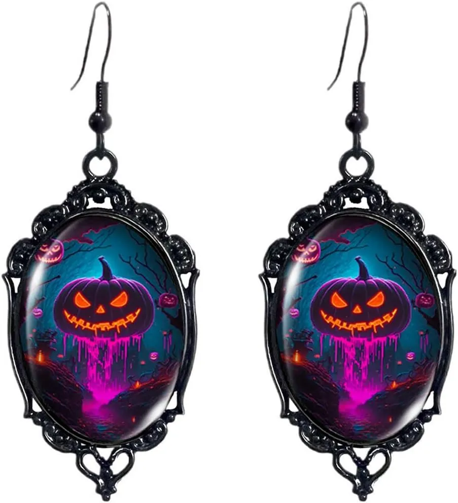 Crystal Glass Ghost Pumpkin Earring Gothic Pumpkin Cameo Earrings Black Vintage Oval Drop Earrings Funny Festival Jewelry Accessories