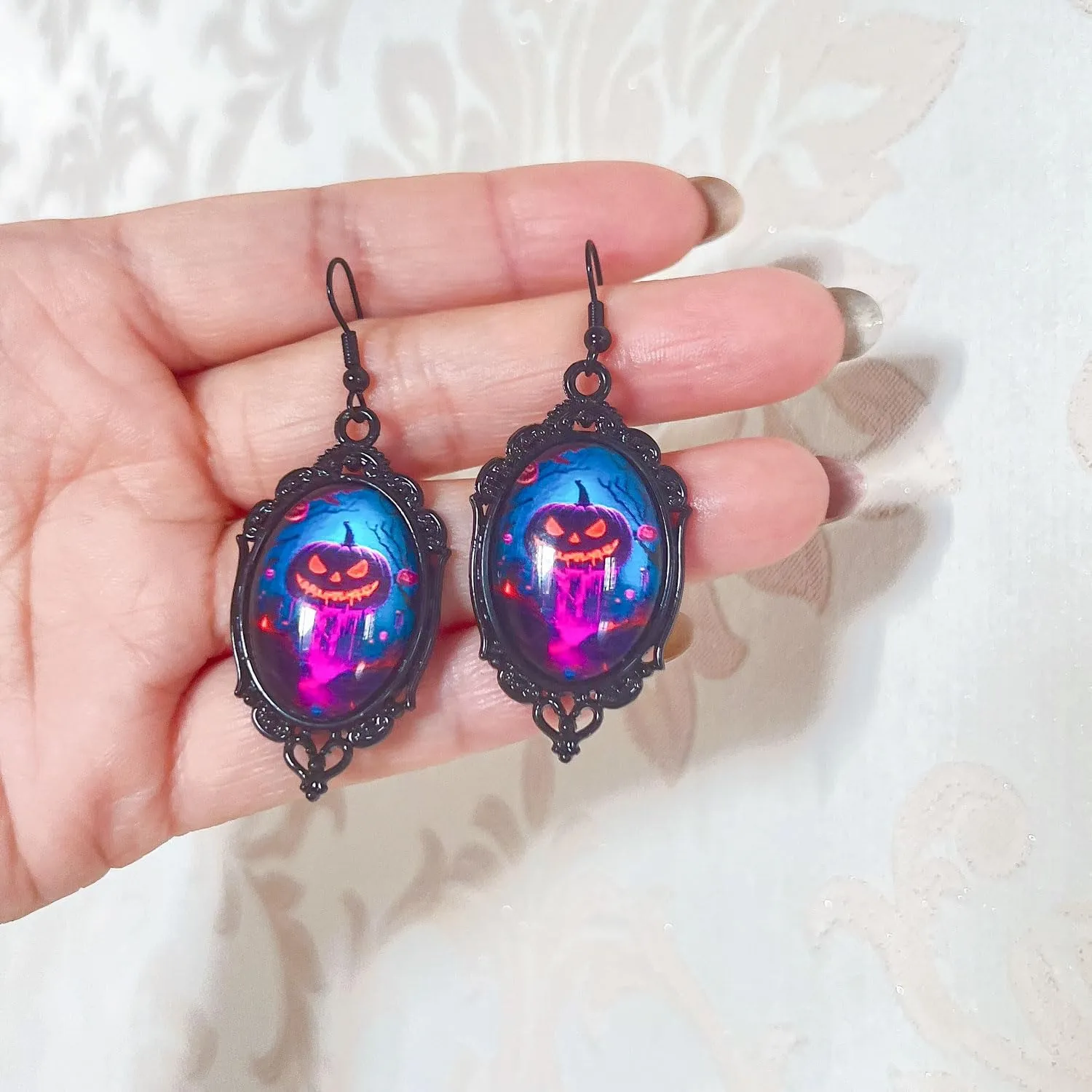 Crystal Glass Ghost Pumpkin Earring Gothic Pumpkin Cameo Earrings Black Vintage Oval Drop Earrings Funny Festival Jewelry Accessories