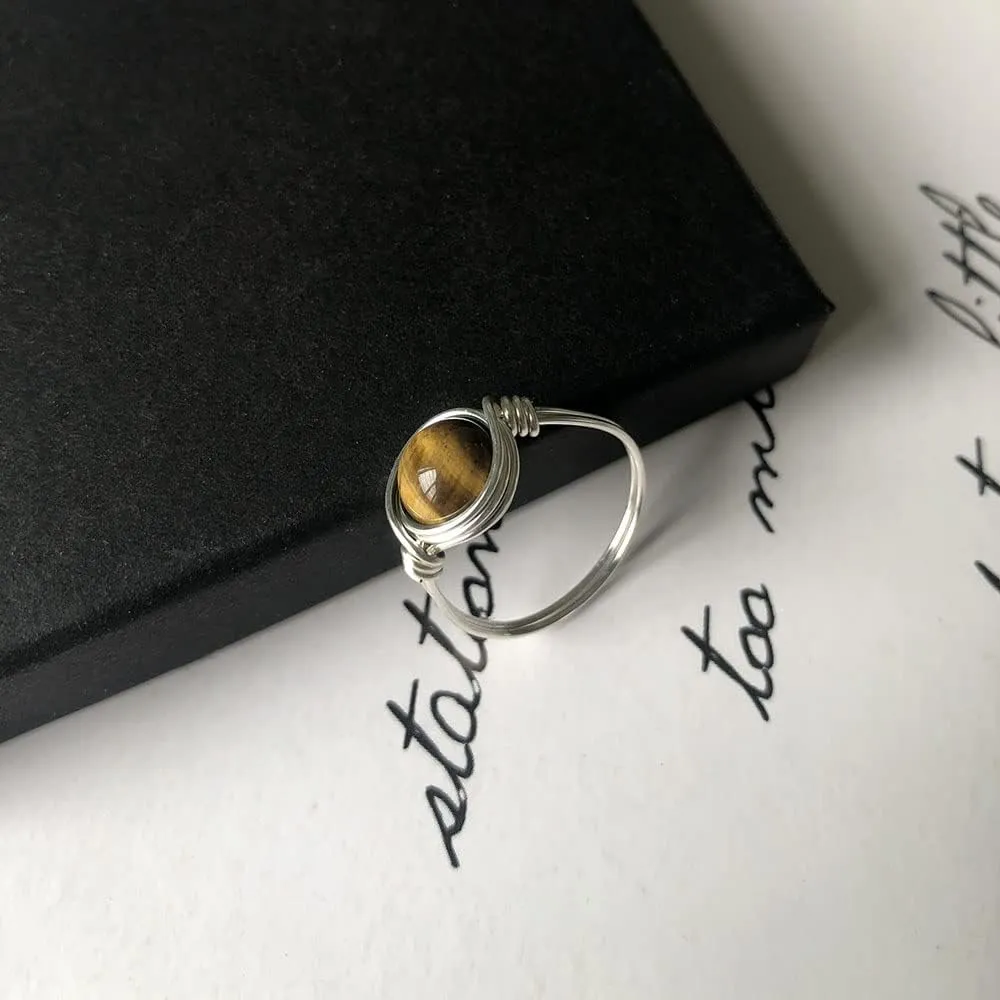 Crystal Rings for Women Spiritual, Healing Crystal Rings Wire Wrapped Ring, Carnelian Rose Quartz Amethyst Tiger Eyes Opalite Amazonite Gemstone Ring