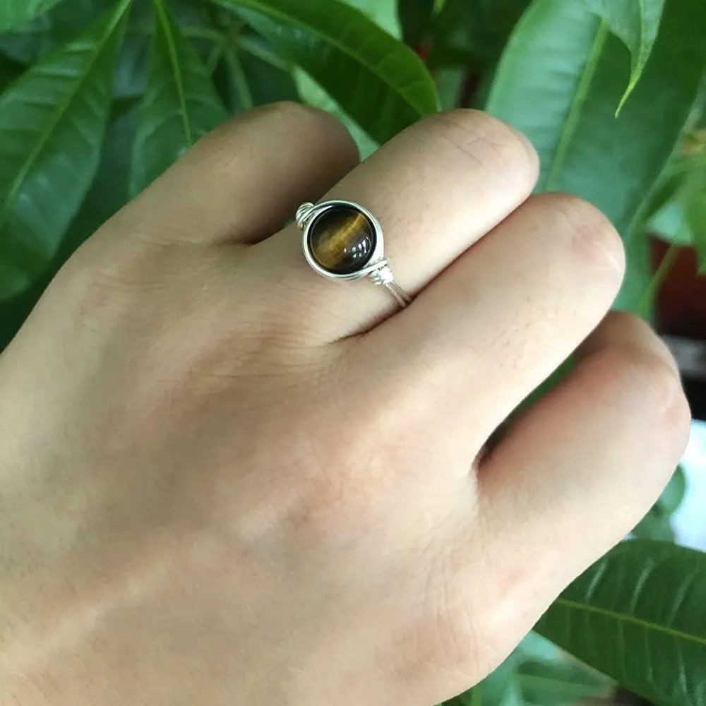 Crystal Rings for Women Spiritual, Healing Crystal Rings Wire Wrapped Ring, Carnelian Rose Quartz Amethyst Tiger Eyes Opalite Amazonite Gemstone Ring