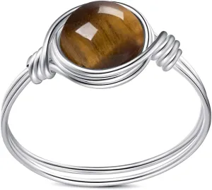 Crystal Rings for Women Spiritual, Healing Crystal Rings Wire Wrapped Ring, Carnelian Rose Quartz Amethyst Tiger Eyes Opalite Amazonite Gemstone Ring