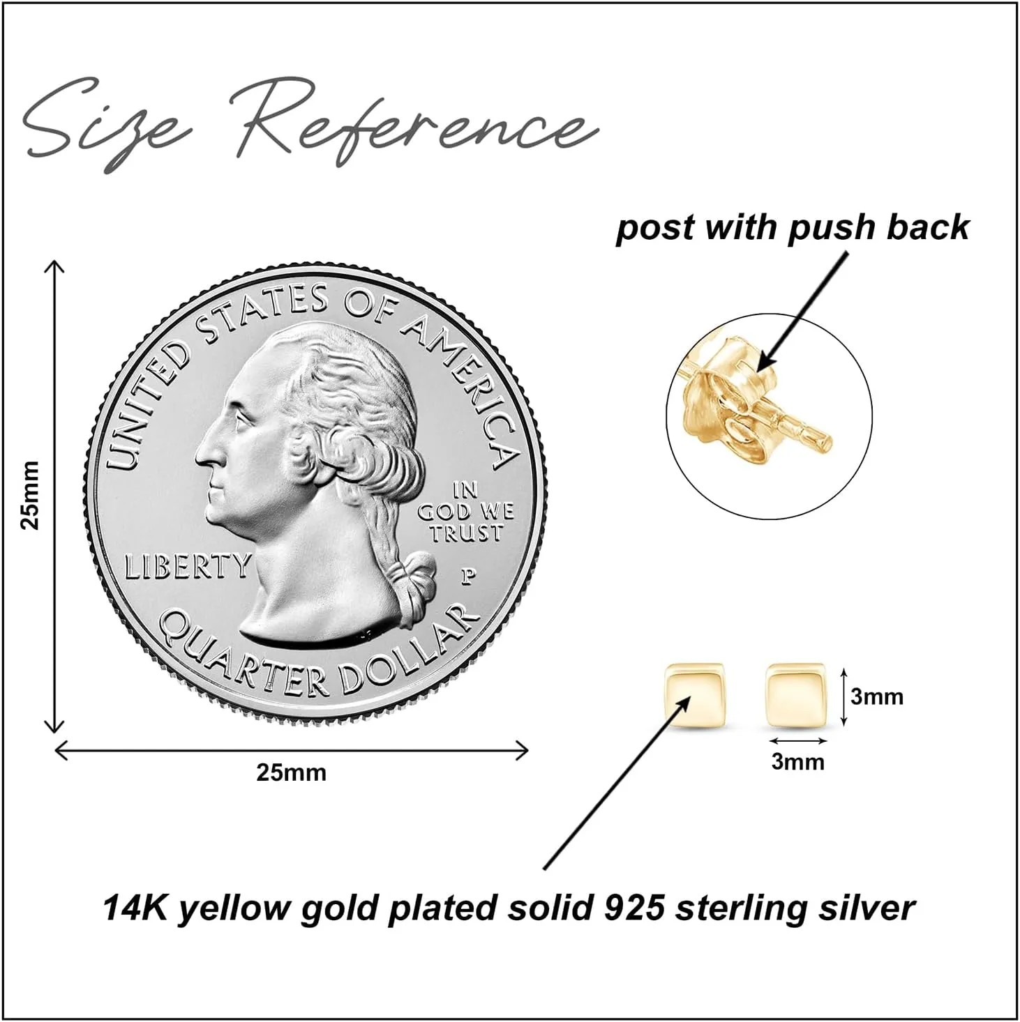 Cube Stud Earring in 14k Gold Plated Sterling Silver With Push Back Jewelry Gift for Women