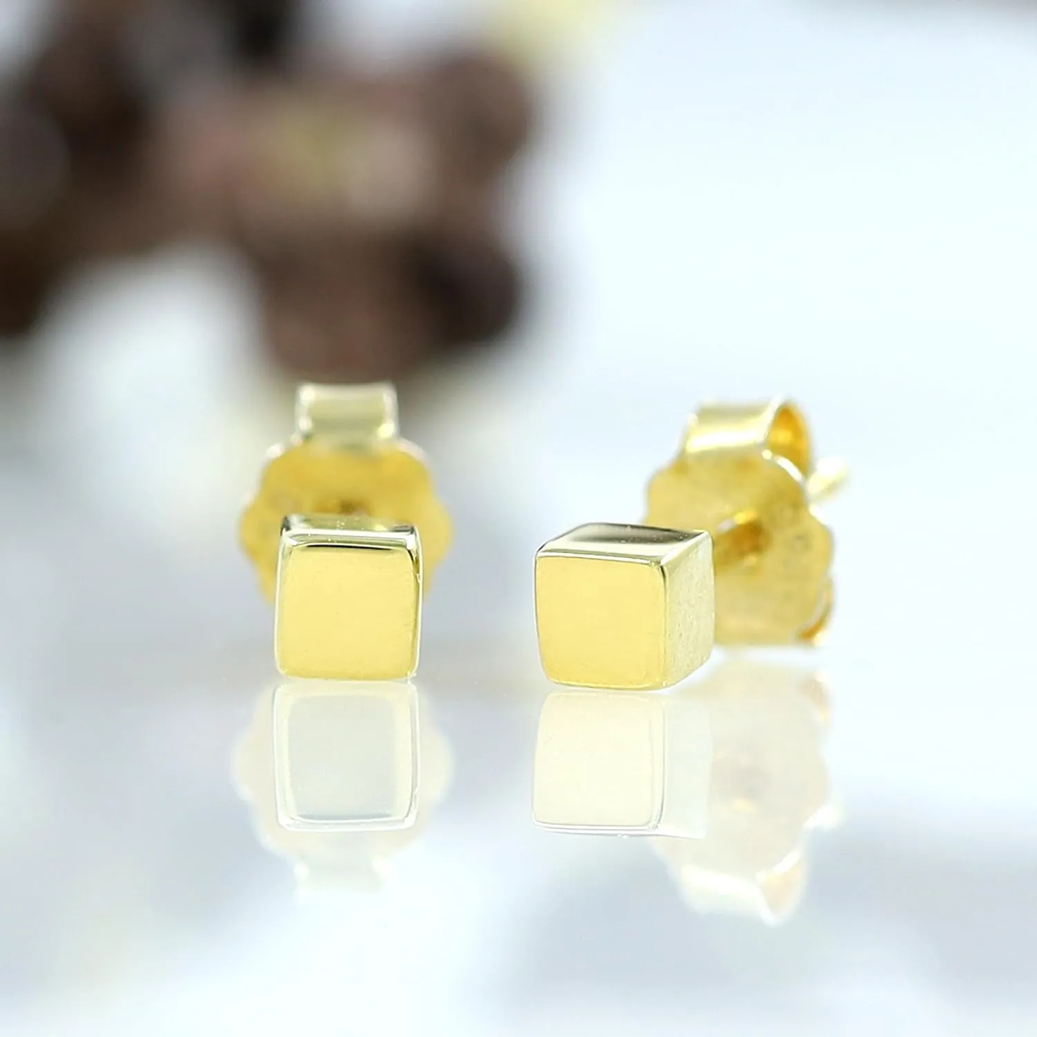 Cube Stud Earring in 14k Gold Plated Sterling Silver With Push Back Jewelry Gift for Women