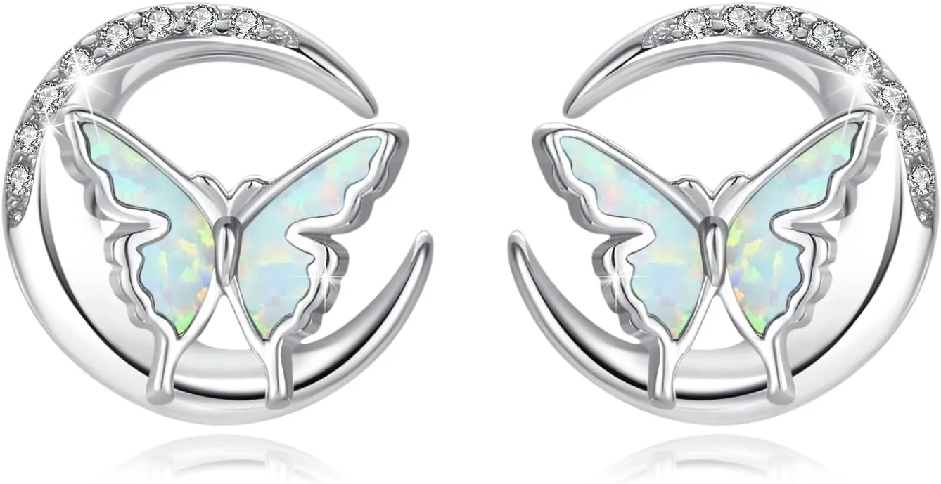 CUOKA MIRACLE Butterfly Stud Earrings 925 Sterling Silver Opal Butterfly Earrings Moon Stud Earrings Opal Stud Earrings Hypoallergenic Butterfly Jewelry Stud Earrings for Sensitive Ears