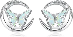 CUOKA MIRACLE Butterfly Stud Earrings 925 Sterling Silver Opal Butterfly Earrings Moon Stud Earrings Opal Stud Earrings Hypoallergenic Butterfly Jewelry Stud Earrings for Sensitive Ears