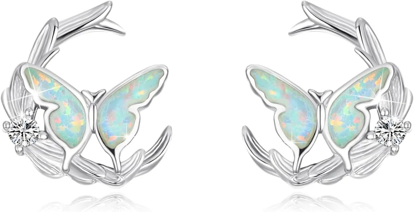 CUOKA MIRACLE Butterfly Stud Earrings 925 Sterling Silver Stud Earrings Opal Butterfly Earrings Celtic Knot Moon Earrings Hypoallergenic Butterfly Jewelry Gifts for Women