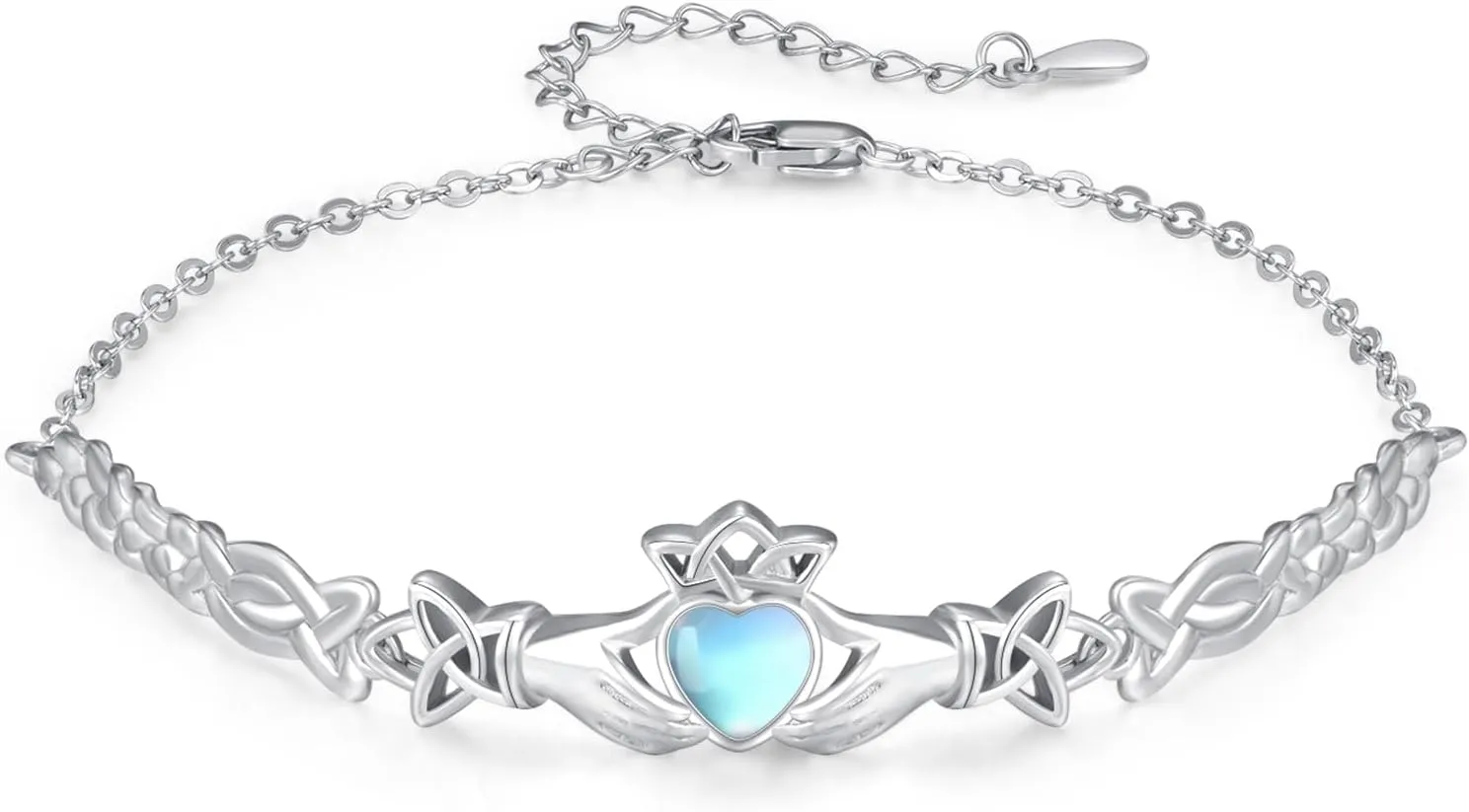 CUOKA MIRACLE Claddagh Bracelet for Women, Sterling Silver Irish Jewelry Couple Claddagh Heart Bracelets Claddagh Moonstone Jewelry Birthday Wedding Gift Adjustable Link Lucky Charm Bracelets