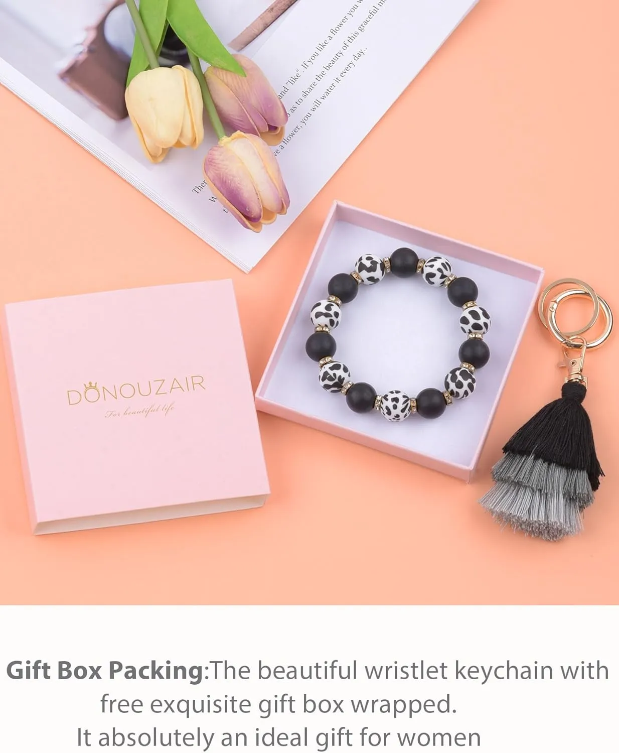 Cute Keychain Wristlet,Silicone Beaded Key Ring Bracelet Keychain Car Holder Key Chains for Women
