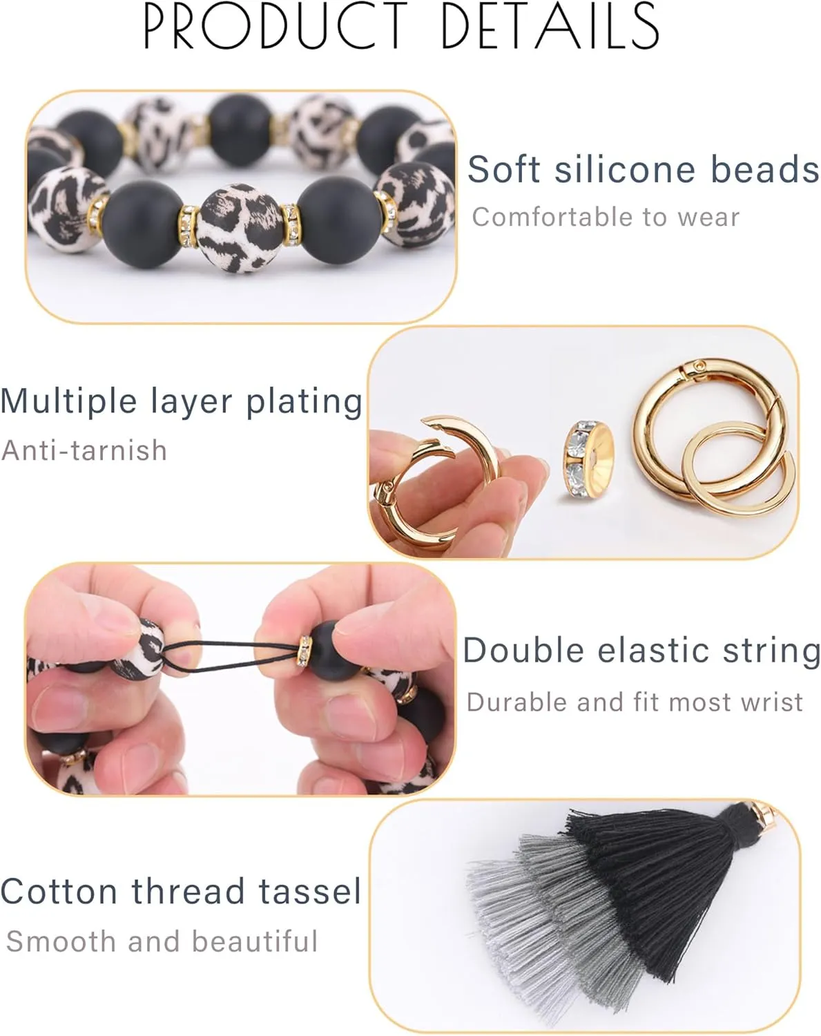 Cute Keychain Wristlet,Silicone Beaded Key Ring Bracelet Keychain Car Holder Key Chains for Women