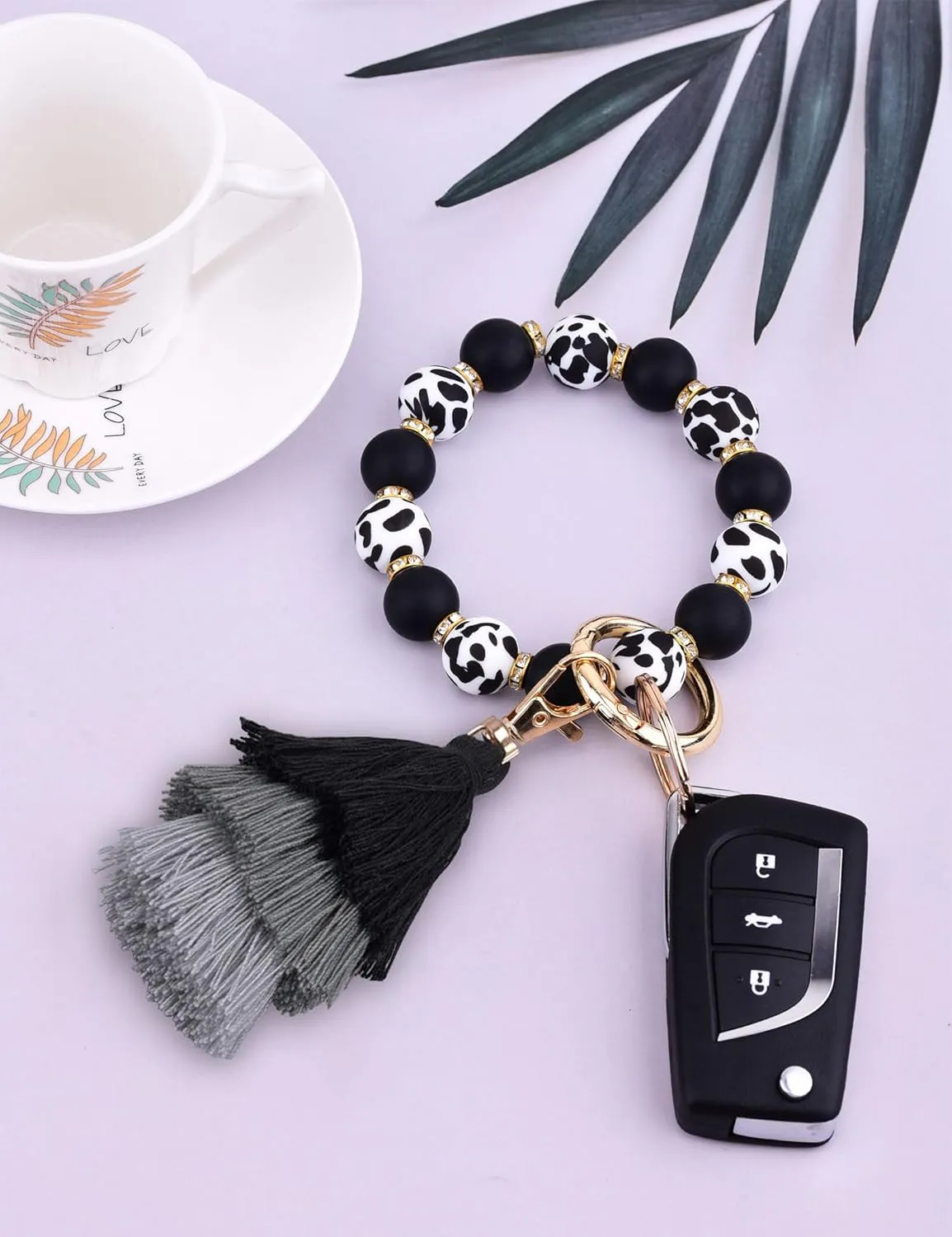Cute Keychain Wristlet,Silicone Beaded Key Ring Bracelet Keychain Car Holder Key Chains for Women