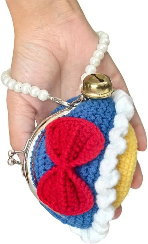 Cute Small Coin Pouch - Crochet Bow Dress Coin Purse for Women, Kiss Lock Change Purse Mini Knitting Bag