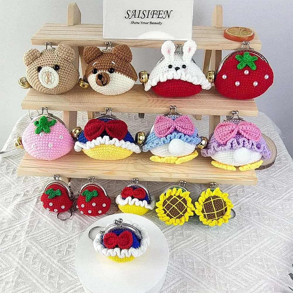 Cute Small Coin Pouch - Crochet Bow Dress Coin Purse for Women, Kiss Lock Change Purse Mini Knitting Bag