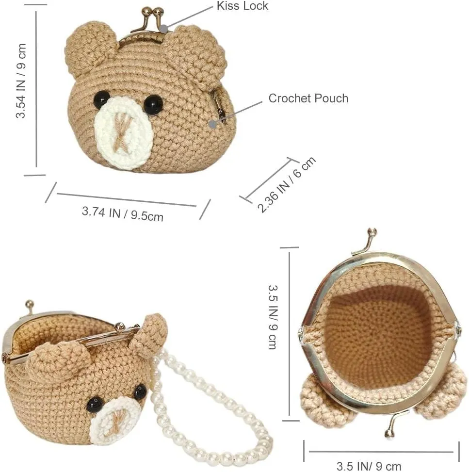Cute Small Coin Pouch - Crochet Brown Bear Coin Purse for Women, Kiss Lock Change Purse Mini Knitting Bag