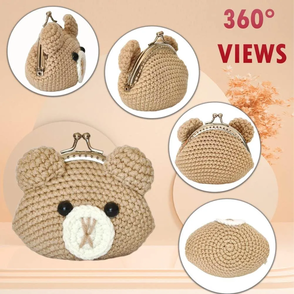 Cute Small Coin Pouch - Crochet Brown Bear Coin Purse for Women, Kiss Lock Change Purse Mini Knitting Bag