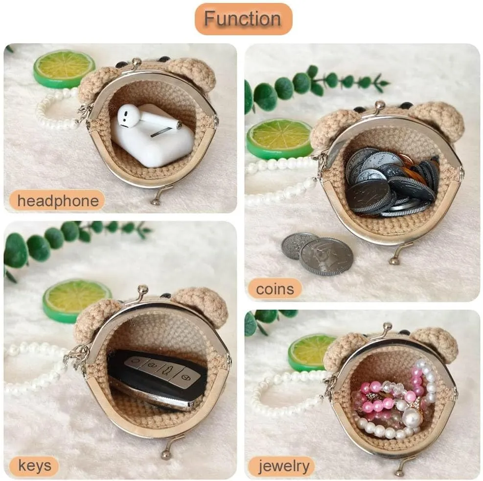 Cute Small Coin Pouch - Crochet Brown Bear Coin Purse for Women, Kiss Lock Change Purse Mini Knitting Bag