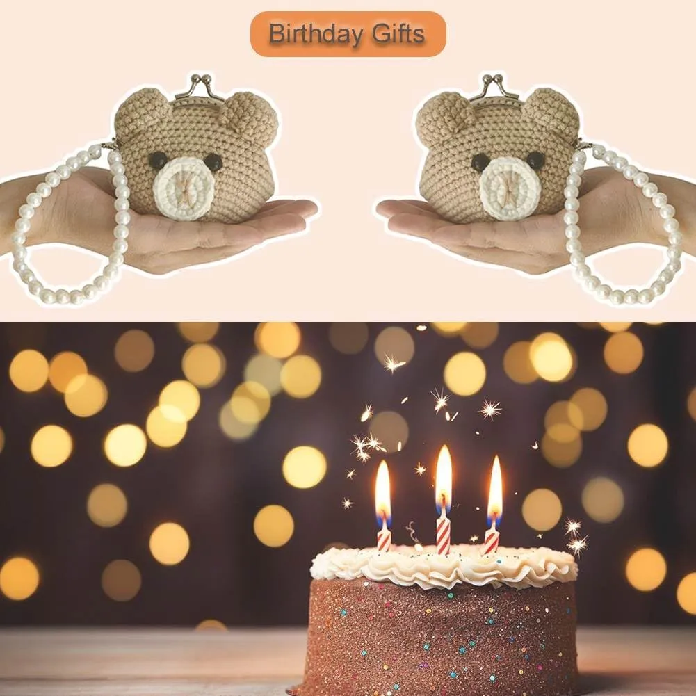 Cute Small Coin Pouch - Crochet Brown Bear Coin Purse for Women, Kiss Lock Change Purse Mini Knitting Bag