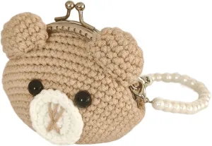 Cute Small Coin Pouch - Crochet Brown Bear Coin Purse for Women, Kiss Lock Change Purse Mini Knitting Bag