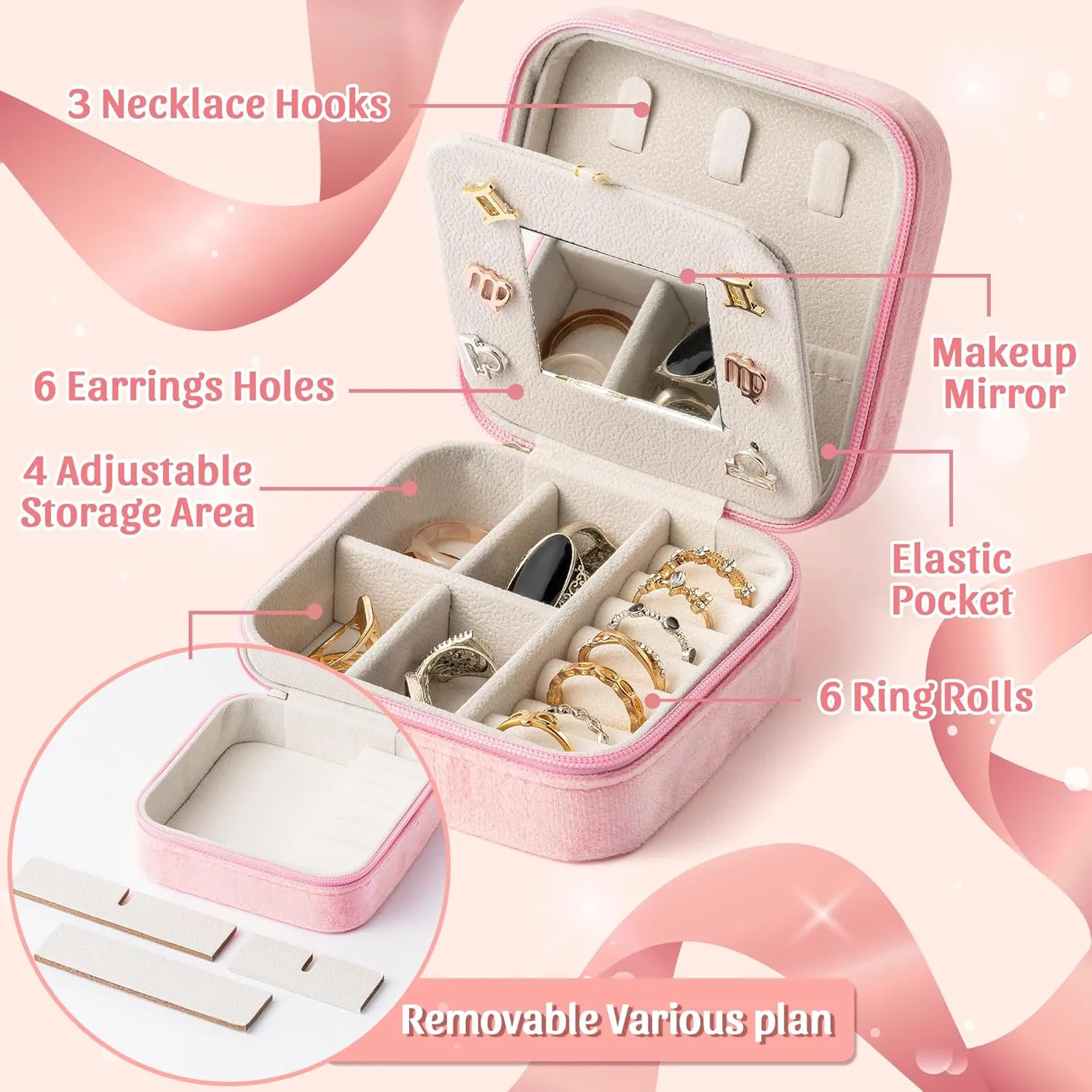 CY2SIDE Letter Velvet Travel Jewelry Case for Women Girls - Pink Organizer for Ring, Earring, Necklace, Bracelet, Pendant - Vacation Gift for Lovers, Women, Girl - Letter A
